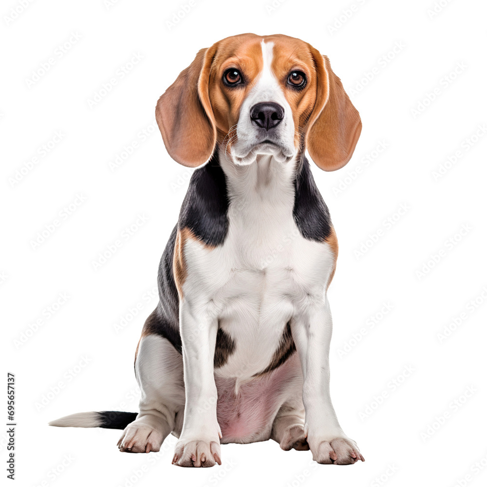 Portrait of a beagle puppy sitting isolated on white, transparent background