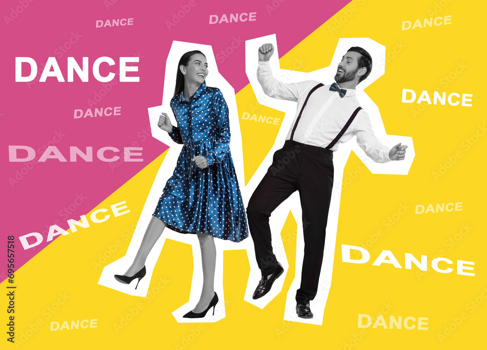 Obraz premium Happy couple dancing on bright background. Creative collage with stylish man and woman. Concept of music, party, fashion, lifestyle