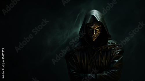 Masked figure on dark background.