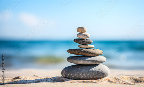 Silhouette of a balanced pebble pyramid on a beach with the ocean in the background