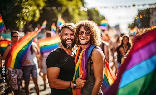 Beautiful smiling gay couple at pride parade. Rainbow flag in the background.