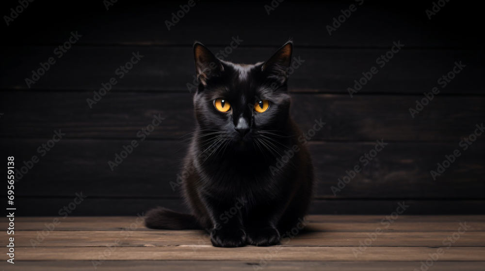 a black cat with yellow eyes sitting on a wooden floor