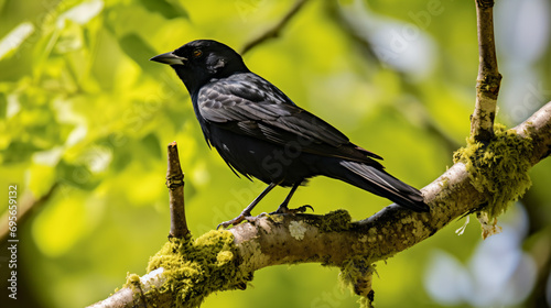 a black bird sitting on a branch of a tree photo