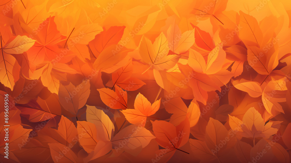 Pile of maple leaves on orange background.