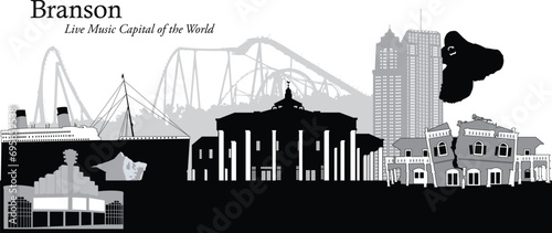 Silhouetted skyline cityscape of the city of Branson, Missouri