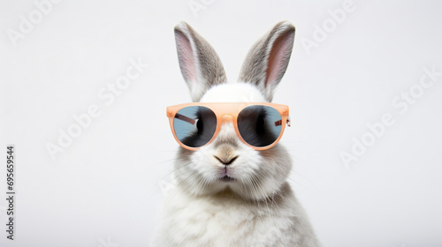 a rabbit wearing sunglasses on a white background