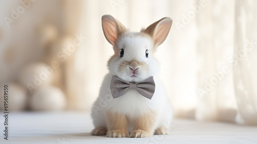 a white rabbit with a bow tie sitting on a bed