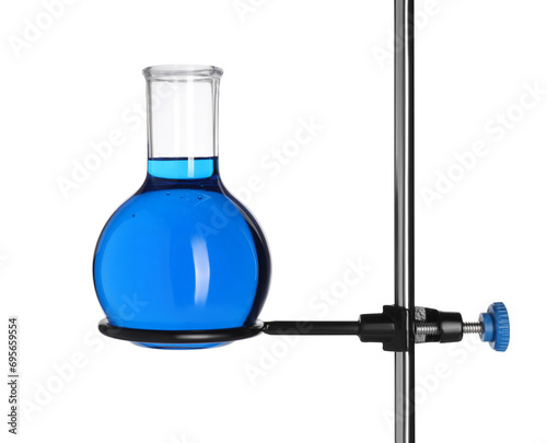 Retort stand with flask of light blue liquid isolated on white