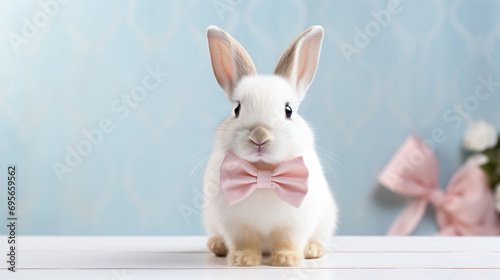 a white rabbit with a pink bow tie