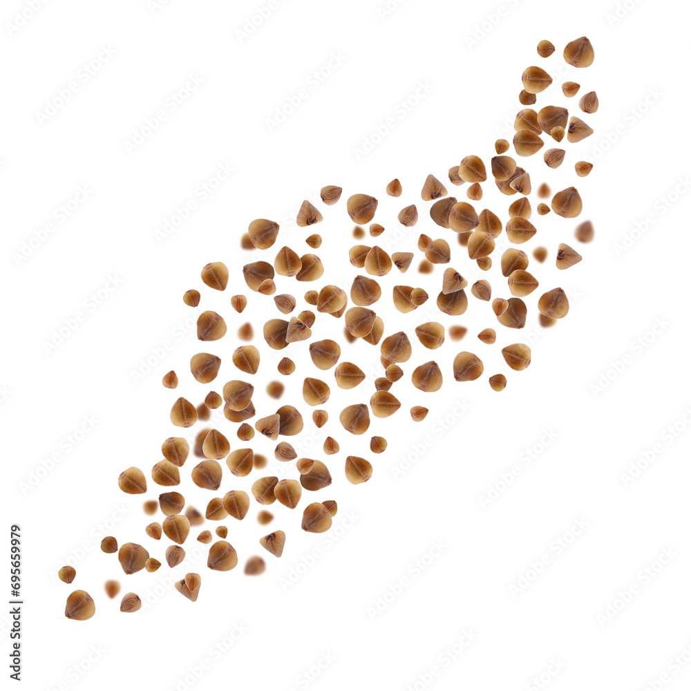 Buckwheat flying on white background. Grains in air Buckwheat flying on white background. Grains in air