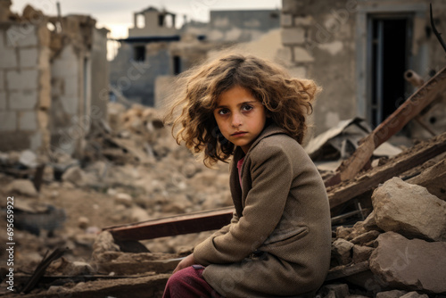 Sad child sitting next to the ruined house by bomb © Lana_M