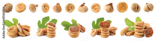 Sweet dried figs and green leaves isolated on white, set