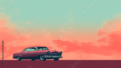 A vintage car parked against a retro gradient background.