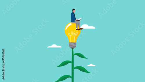 learn more knowledge to grow and success, study to get new skill, businessman studying on a light bulb plant concept vector illustration