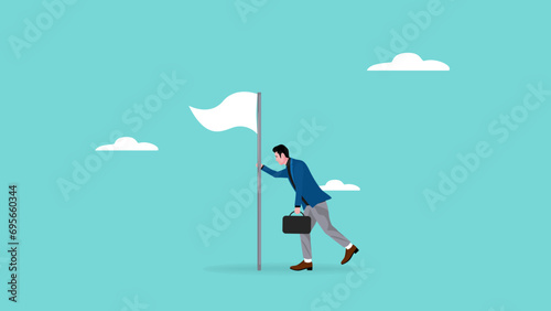 businessman surrender while holding a white flagpole vector illustration