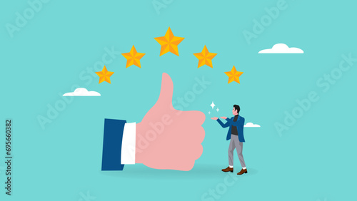 five star rating illustration with concept of businessman standing next to big thumbs up and five star rating, business people placing 5 stars rating, client holding review stars concept