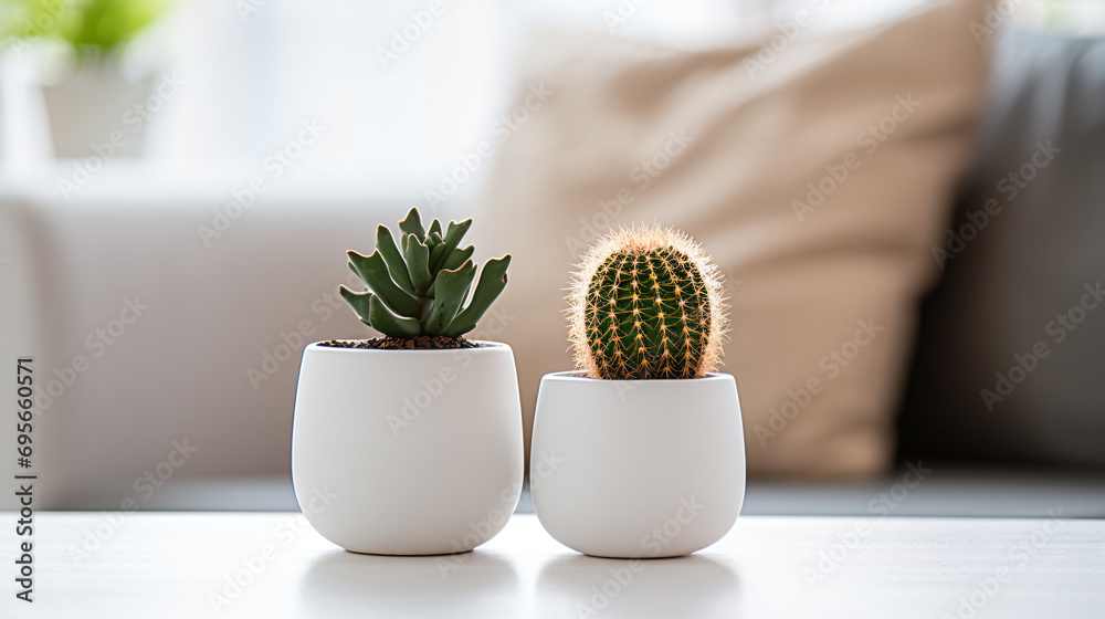 two small cactus plants in white pots on a table two small cactus plants in white pots on a table