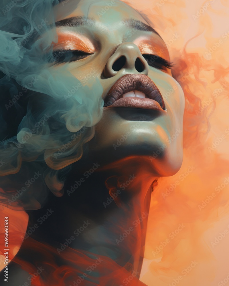 Ethereal Minimalistic Fine Art Portrait of a Black Woman in PopArt Style with Smoke and Faded Tones – Contemporary Abstract Painting with Graceful Brushstrokes. Generative AI