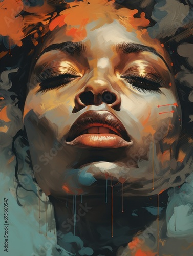Ethereal Minimalistic Fine Art Portrait of a Black Woman in PopArt Style with Smoke and Faded Tones – Contemporary Abstract Painting with Graceful Brushstrokes. Generative AI