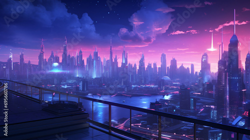 Futuristic city with purple and pink gradient sky background.