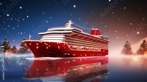 Red cruise ship in the sea. © ikkilostd