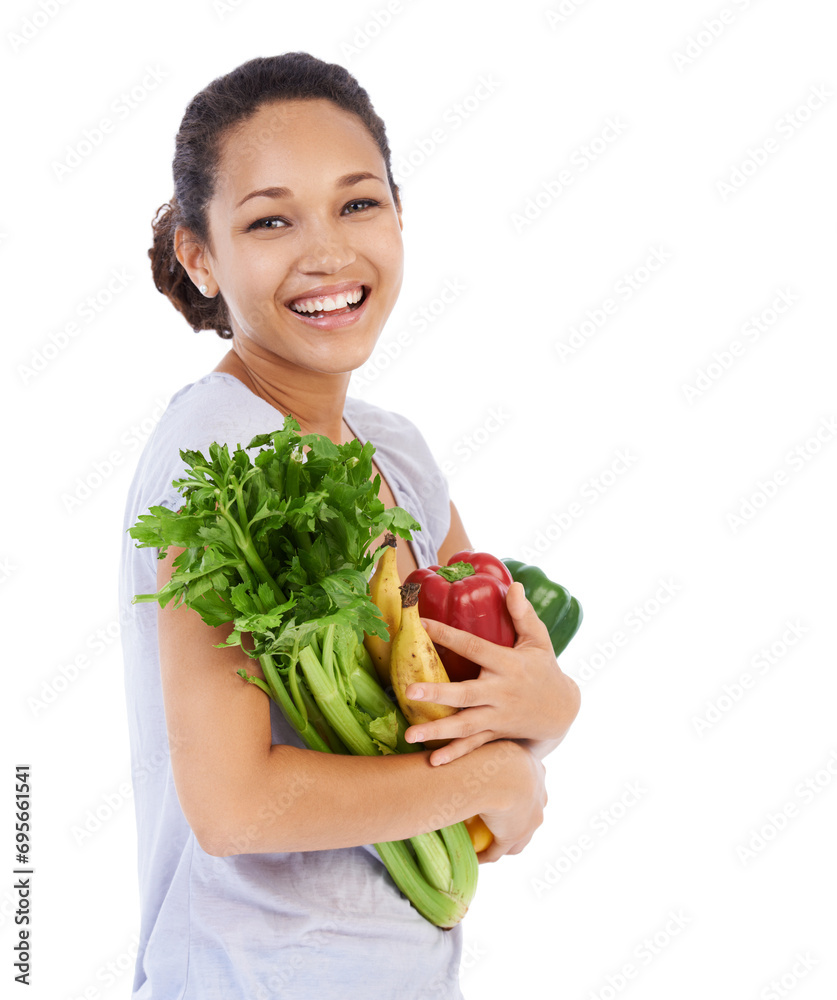 Vegetables, grocery shopping and happy woman in studio for healthy food, sustainability or diet. Portrait of vegan customer or model with fruits for discount, sale or nutrition on a white background Vegetables, grocery shopping and happy woman in studio for healthy food, sustainability or diet. Portrait of vegan customer or model with fruits for discount, sale or nutrition on a white background