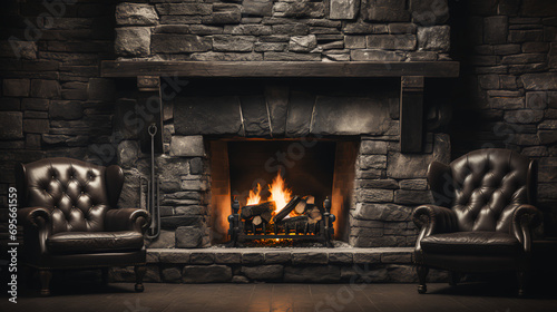 Log cabin - rustic stone fireplace - -resort - vacation - travel - holiday - trip travel - fire