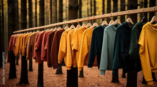 Colorful T-shirts hang on a rack in the autumn forest