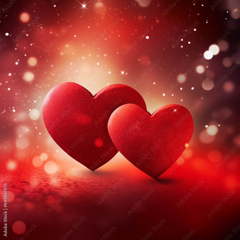 Valentine's Day background. Two red hearts on a blurred red background with sparkles