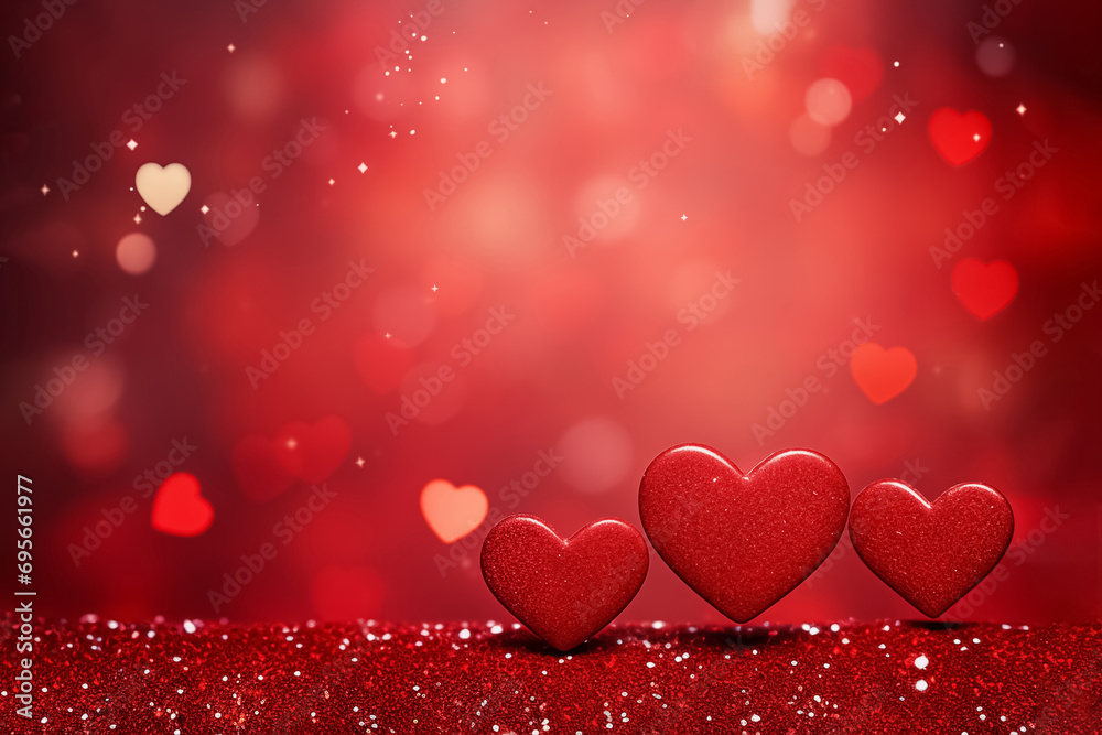 Valentine's Day background. Red hearts on a blurred red background with sparkles Valentine's Day background. Red hearts on a blurred red background with sparkles