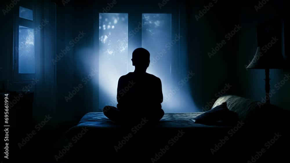 A silhouetted figure sitting alone in a room with an illuminated video chat window in the background showing the face of somebody A silhouetted figure sitting alone in a room with an illuminated video chat window in the background showing the face of somebody