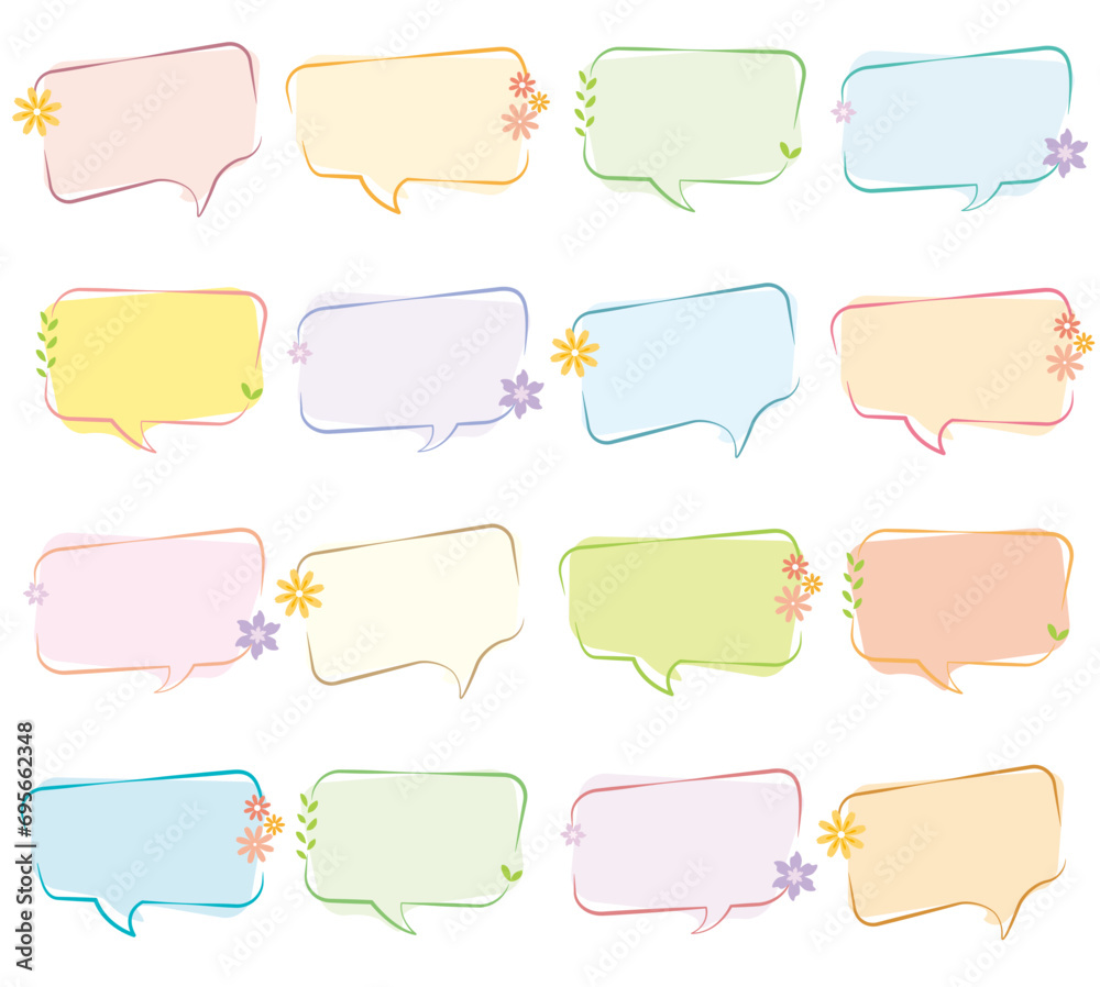 Set of colorful speech bubble with line stylish.Collection of cute chat box.Hand drawn dialog cloud.Line simple balloon frame for text title.Speak blank.Flat chat bubbles.Flower shape deco flat box Set of colorful speech bubble with line stylish.Collection of cute chat box.Hand drawn dialog cloud.Line simple balloon frame for text title.Speak blank.Flat chat bubbles.Flower shape deco flat box