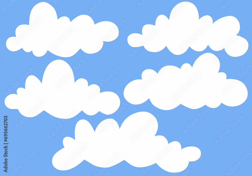 Set of flat white clouds cartoon isolated on blue background