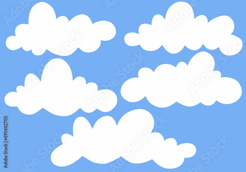 Set of flat white clouds cartoon isolated on blue background