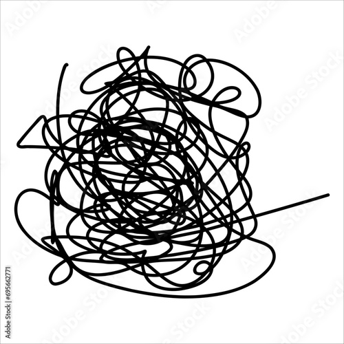 Scribble chaotic thin twirl line. Doodle chaotic twirl line, curls, swirls, twirl, thread, flourishes, chaotic lines. Simple vintage chaotic twirl line element isolated on white background. Drawn line