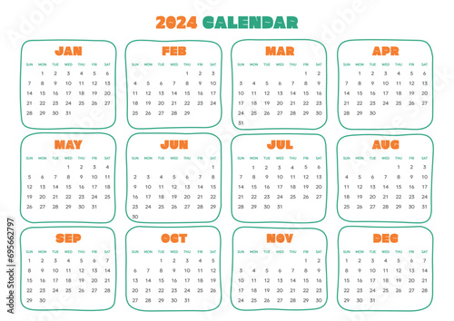 Design template with 2024 12 months calendar. Note  scheduler  diary  calendar  planner design template illustration.