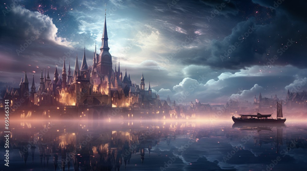 Fantasy world lake and castle with evening sky background.