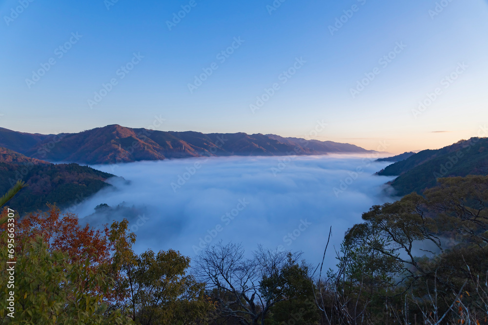 A sea of clouds at the top of the mountain in Kyoto wide shot A sea of clouds at the top of the mountain in Kyoto wide shot