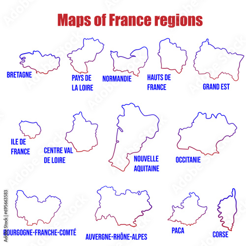 Set of separated simplified maps of France regions. Vector hand drawn elements. Blue and red gradient map contour