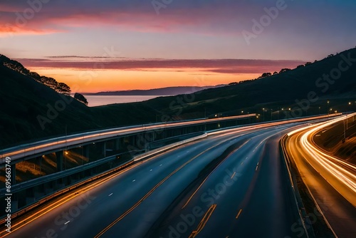 freeway scene at a vibrant dusk. view of the water from a road. gorgeous road and a vibrant coastline. © Amazing-World