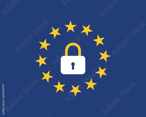 European union flag with a closed lock symbol stops emigration unauthorized signal vector illustration.