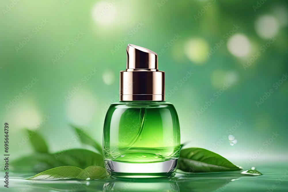 cosmetic Bottle package skin care cream, Green tea serum set, Bokeh and Water background cosmetic Bottle package skin care cream, Green tea serum set, Bokeh and Water background