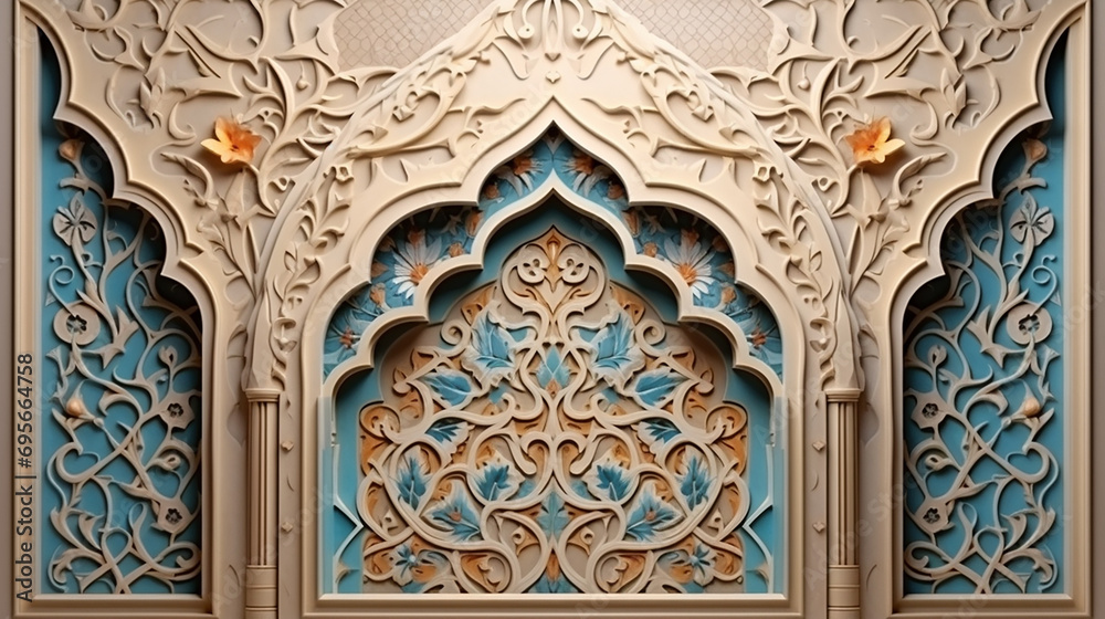 color ornament patterned stone relief in arabic architectural style of islamic mosque, greeting card
