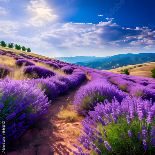 A lavender field in full bloom with a winding path.