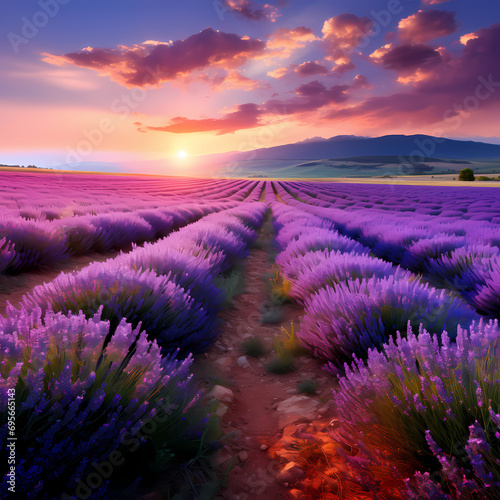 A lavender field in full bloom with a winding path.