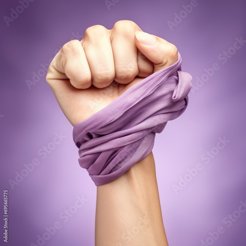 Woman fist showing empowerment on violet background