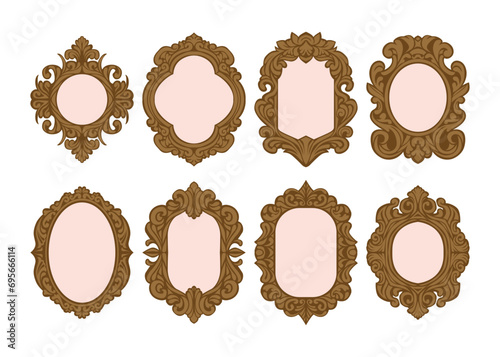 Set of different oval mirror vintage frame or border collection, Modern or classic and decorative vintage frames, Photo or mirror frames. Vintage with flower, retro design. vector illustration