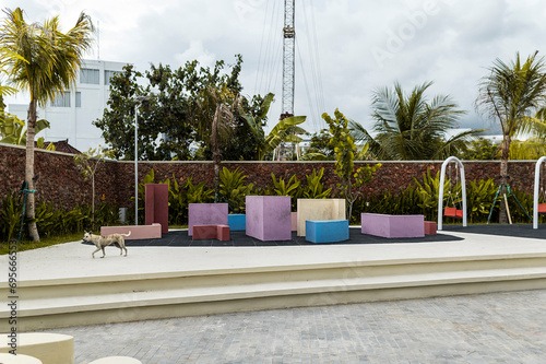 Urban architecture, colored geometric benches in an urban public park , Indonesia, Asia
