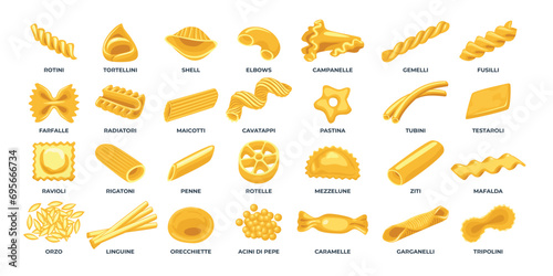 Set of different types of pasta collection, decorative elements for menu or package design, Penne, fusilli, farfalle, tagliatelle, fettuccine, spaghetti, cavatappi, conchiglie shells and wheat