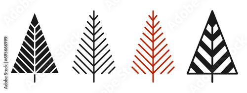 Christmas tree geometric symbol and doodle, stamp stylized set. New Year xmas traditional pine design for greeting card, invitation, banner, poster. Christmas trees abstract cartoon hand drawn vector